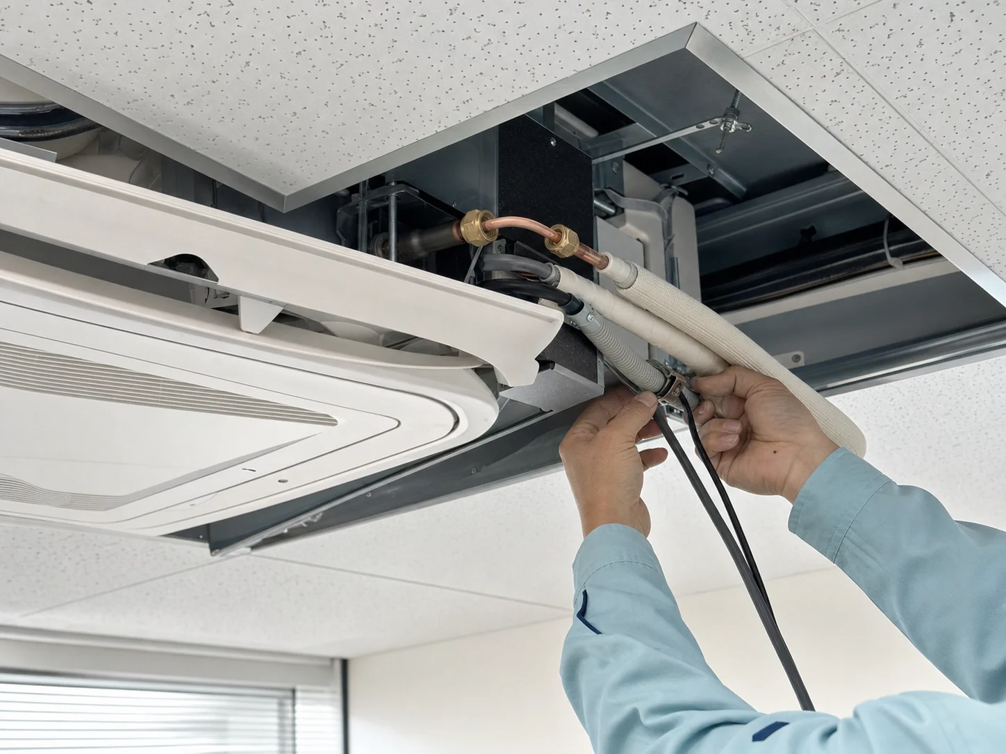 小規模オフィスで空調設備の配管と電源を接続する工事のイメージ