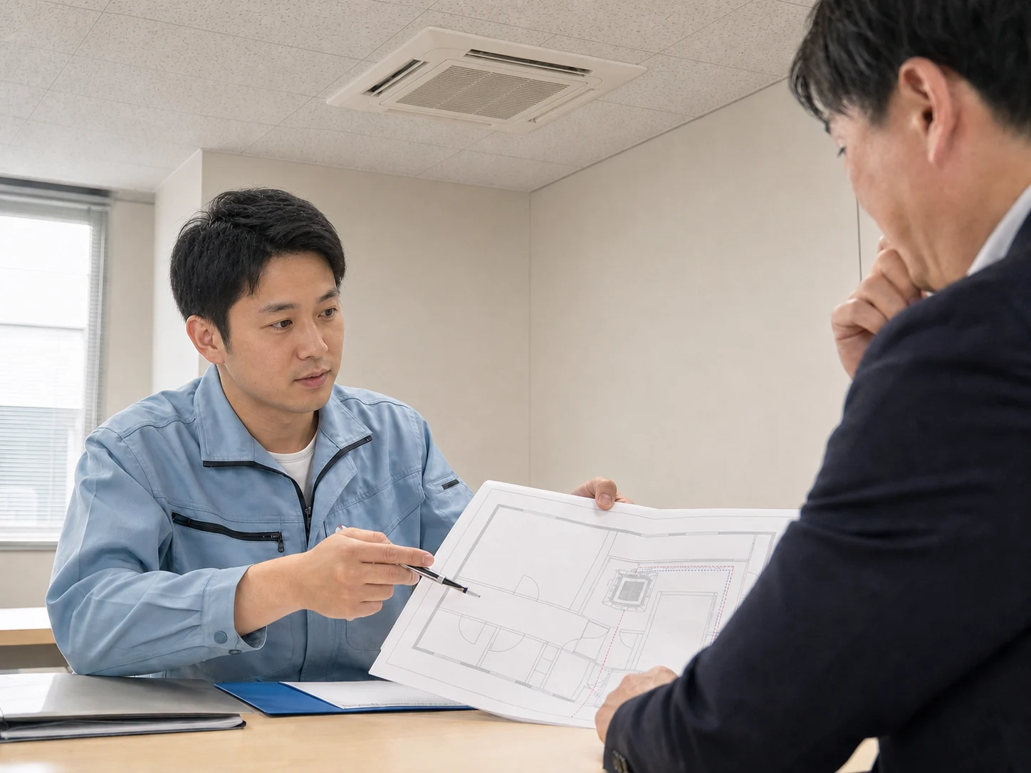 工事方法を図面と設備を示しながら説明する技術者のイメージ