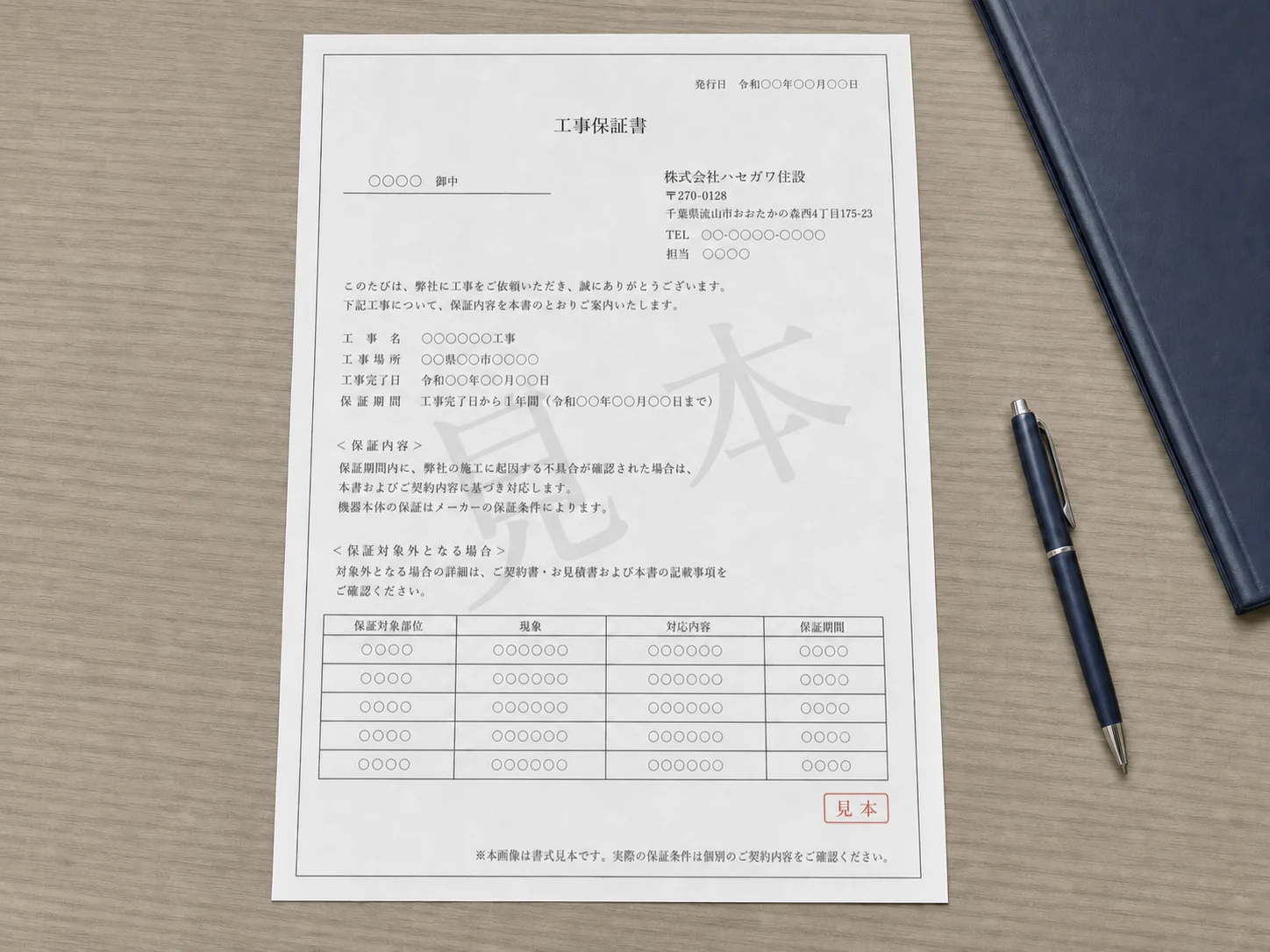 机の上に置かれたハセガワ住設の工事保証書見本のイメージ
