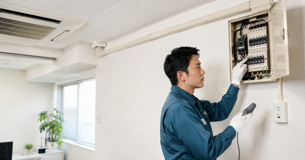 天井カセット形空調設備と分電盤を確認する技術者